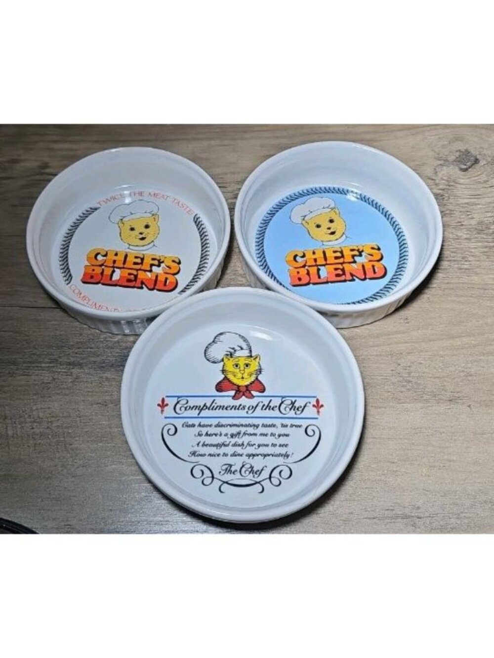 Vintage Set Of 3 80s Friskies-Chefs Blend- Cat Food & Water 5” Ceramic Bowls
